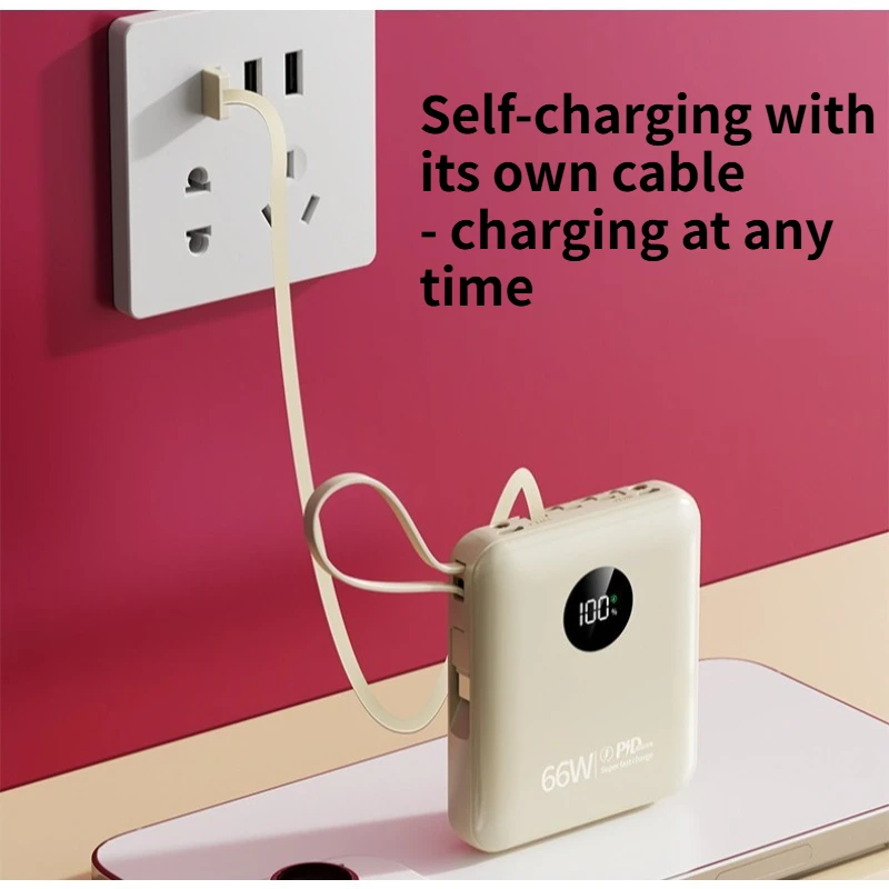 باور بانك 20000 مللي أمبير في الساعة 66 وات شحن سريع للغاية مع كابل سعة كبيرة مدمج ومحمول صغير مشترك بأربعة أسلاك بنك طاقة متنقل