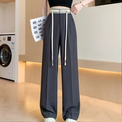 Summer New Contrast Color Patchwork Wide Leg Trousers Women Fashion Button Pockets High Waist Drawstring Loose All-match Pants