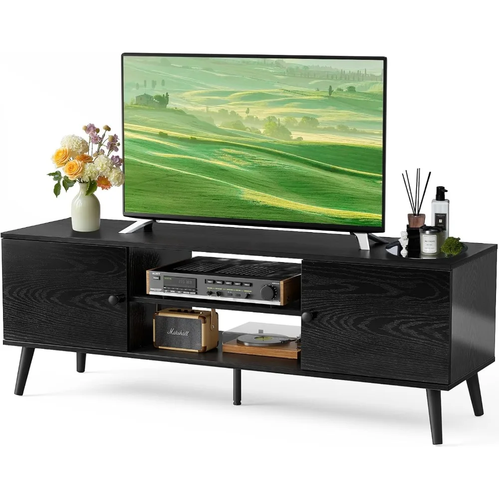 

TV Stand for 55 60 inch TV, Entertainment Center with Storage Cabinet, Mid Century Modern Media Console Table, Adjustable Hinge