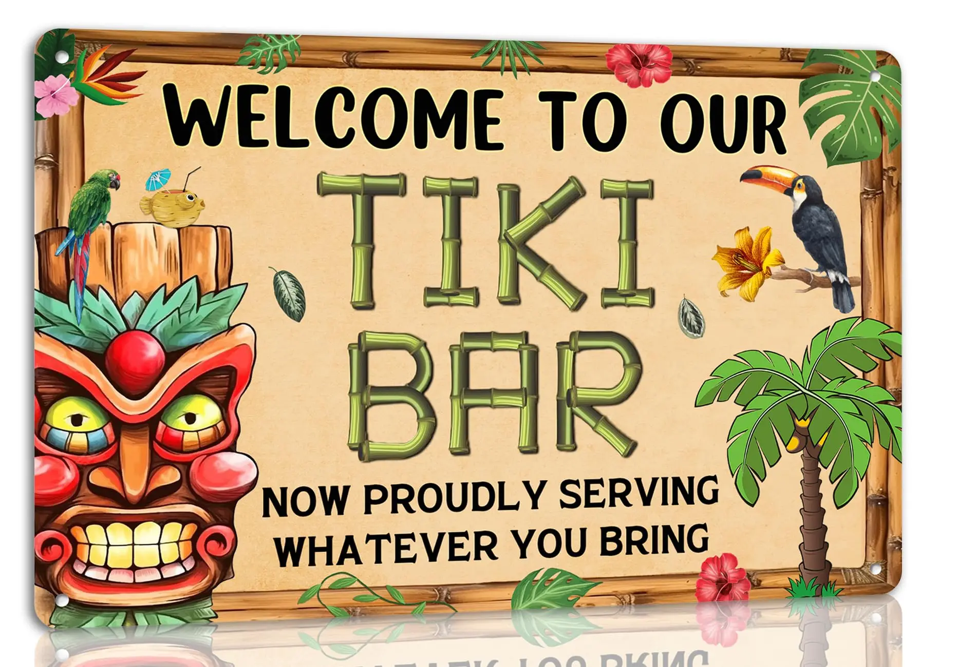 Willkommen in Our Tiki Bar Metallblechschild Vintage Wandkunst Dekor für Outdoor Lustige Hinterhof Retro Schild Partydekorationen für Bar Pu
