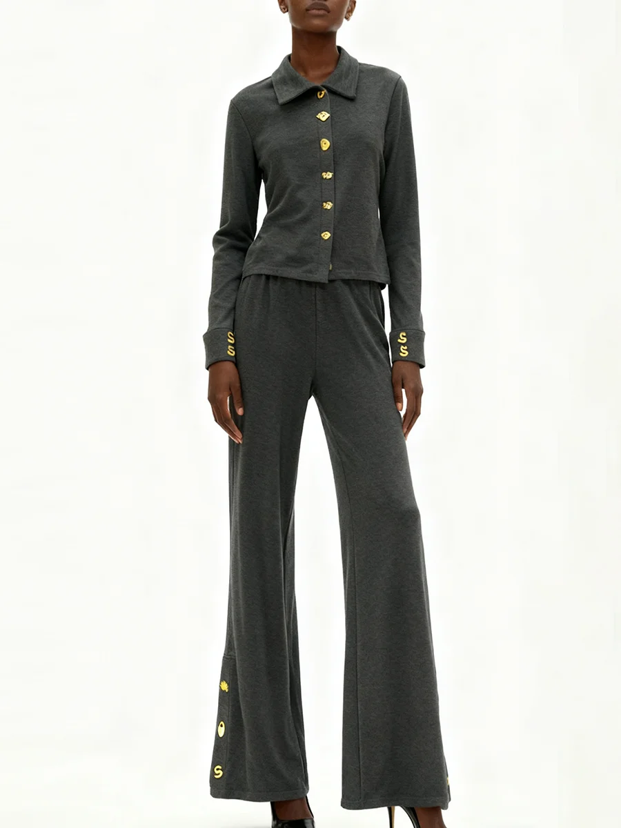 Vgh emagrecimento sólido casual conjuntos de duas peças para mulheres lapela manga longa topo calças cintura alta outono temperamento conjunto moda feminina