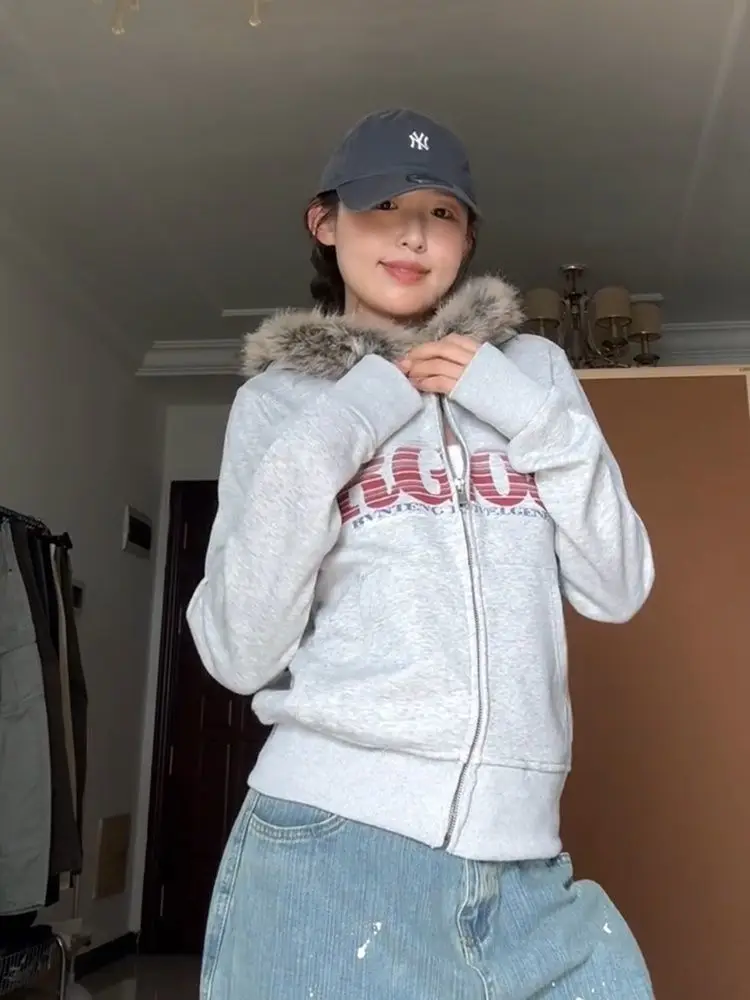 Deeptown Vintage Letter Fur Collar Hoodies Women Harajuku Gray Zipper Hooded Sweatshirts American Retro Casual Loose Hoodies