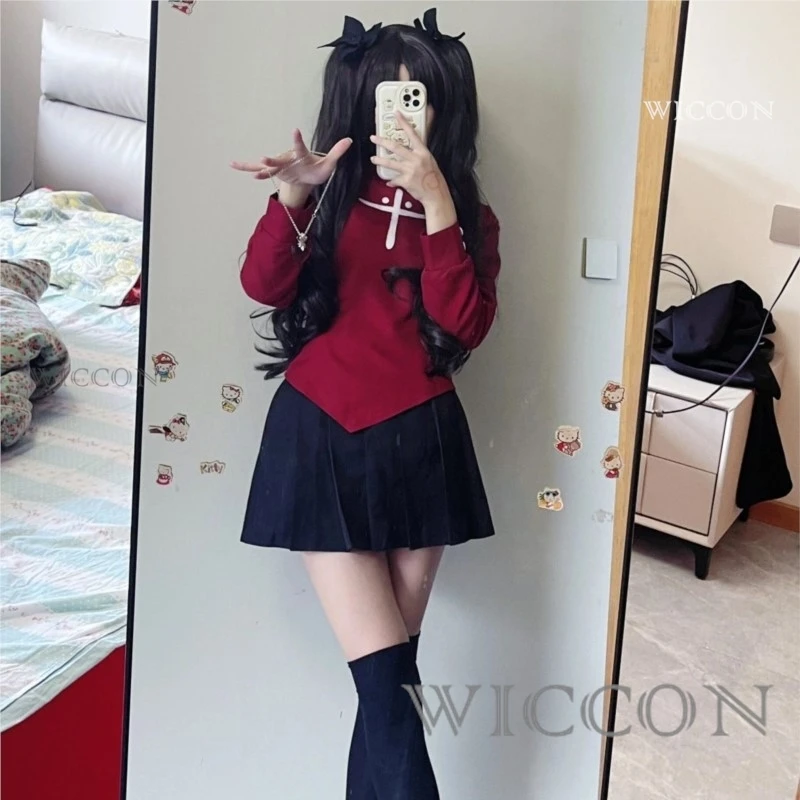 Fate Stay Night Tohsaka Rin Косплей Костюм Длинный Парик Красная Черная Юбка Комплект для Женщин Карнавальный Костюм Ролевые Игры Платья Хэллоуина