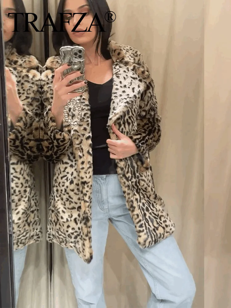 TRAFZA Giacca invernale da donna con colletto rovesciato leopardato monopetto a maniche lunghe Cappotto lungo da donna con effetto pelliccia sintetica calda Mujer