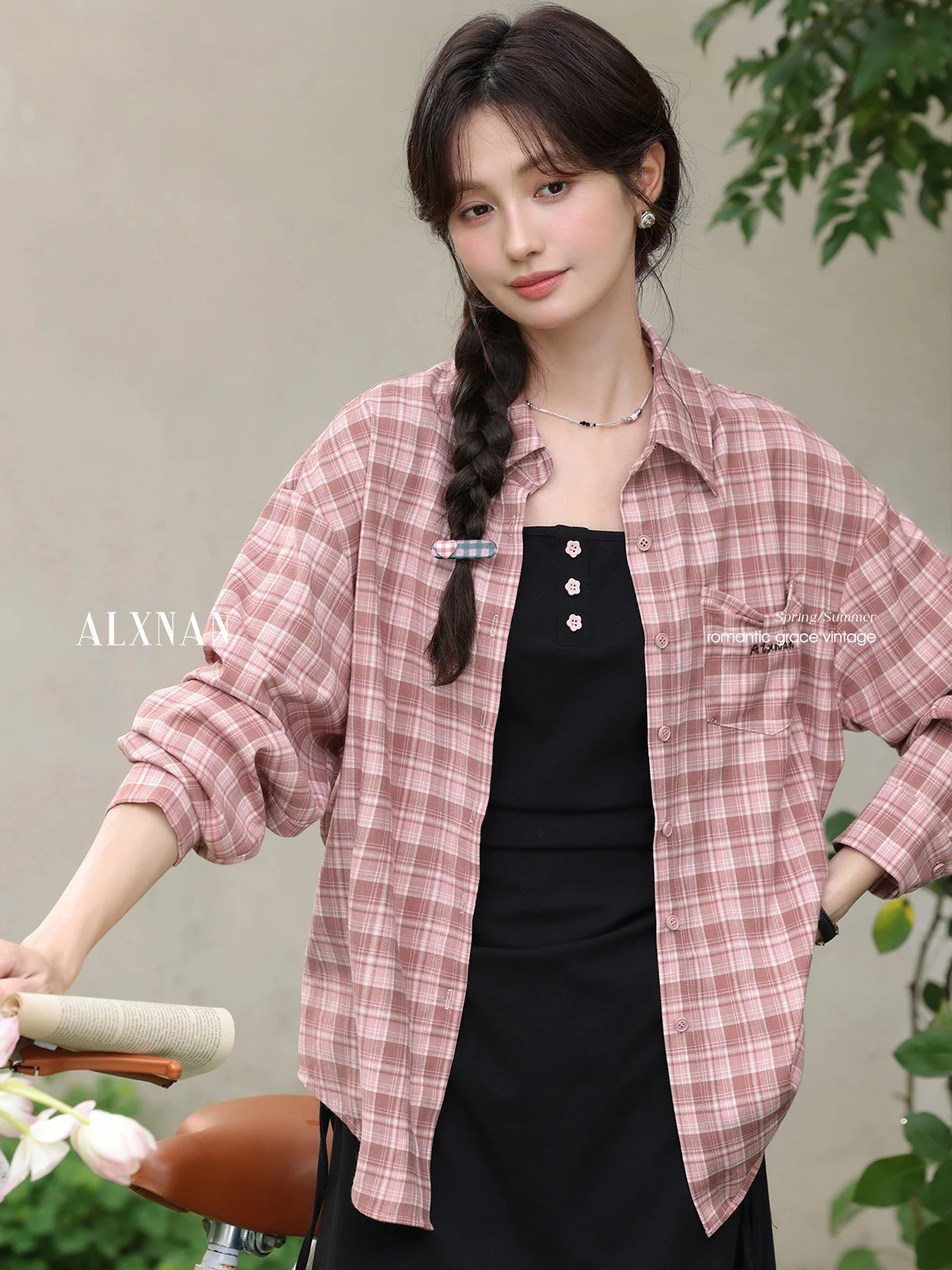 

ALXNAN Women's Pink Plaid Shirt Thin Casual Sun-proof Long Sleeve Shirts 2025 Summer Loose-fit Office Lady Elegant Tops L56275