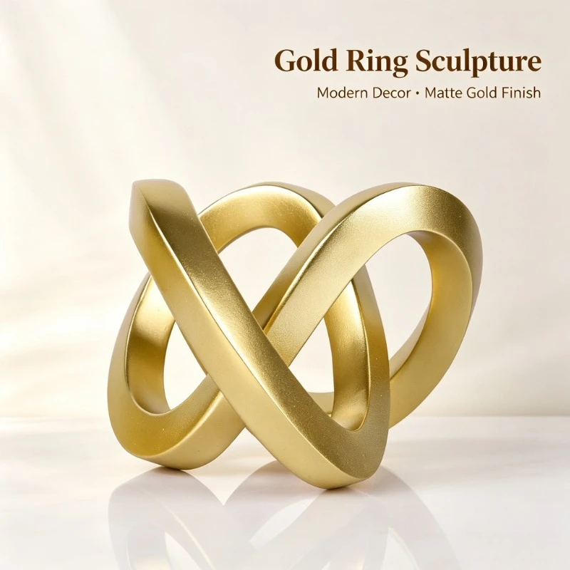 Modern Gold Resin Sculpture, Abstract Interlocking Ring Art for Home Office Decor & Gift