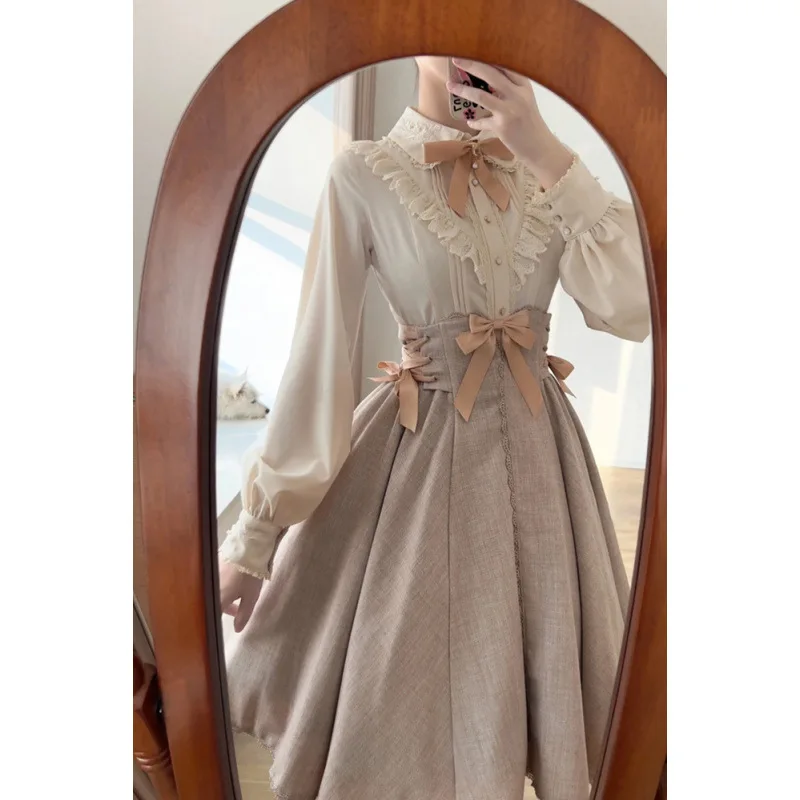 Set van Lolita-blouse en rok voor dames - Zoete vlinderdas Tailleriem Tweedelige outfit Lente Jeugdige mode 2024