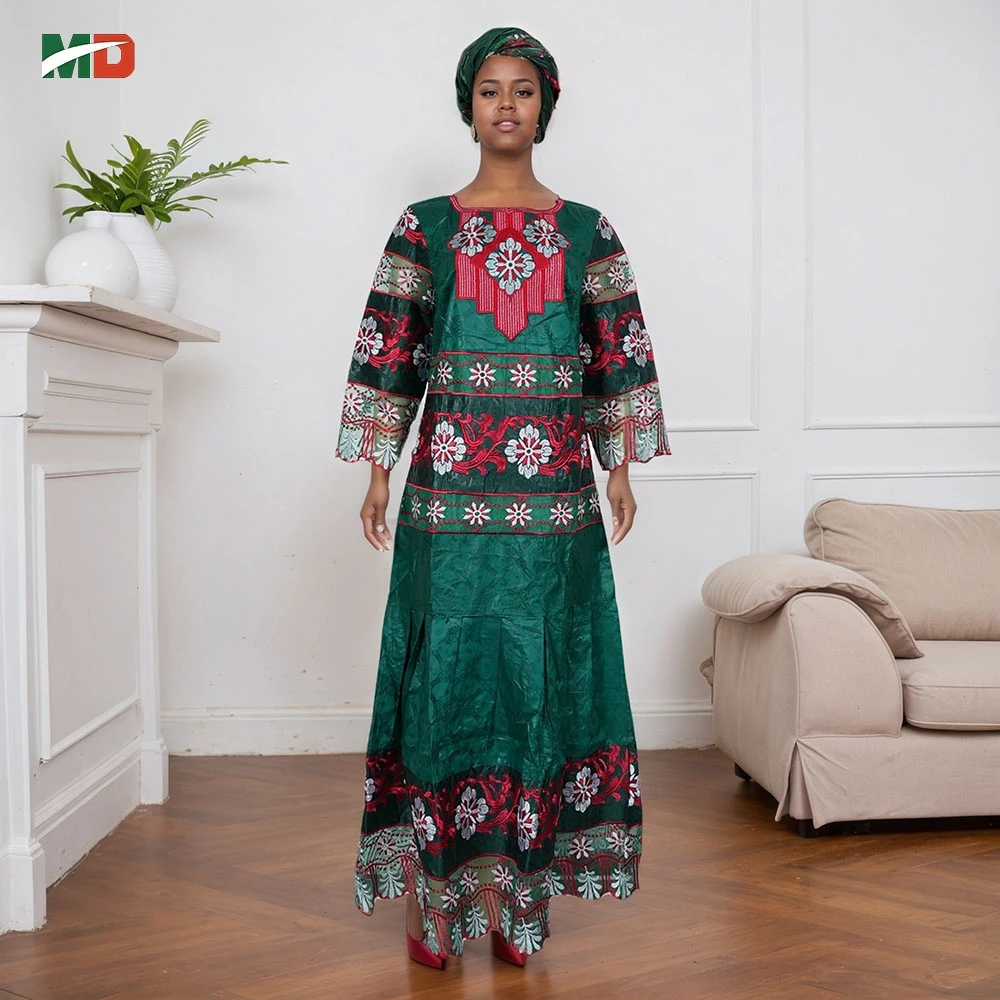 

MD African Dress For Women Traditional Turkey Dress Plus Size Embroidery Church Wedding Party Gown and Headwrap Africa Clothing