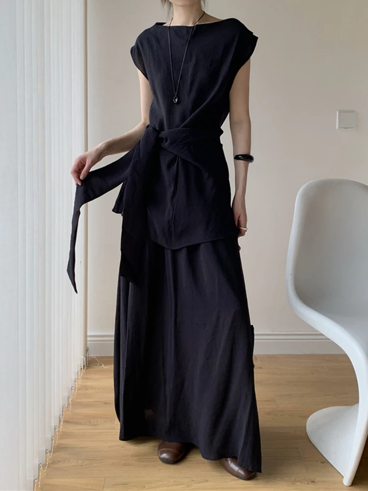 YERMORA Atasan Kasual Singkat Balutan Hitam Set Dua Potong Wanita Rok Setengah Tubuh Baru Longgar Leher-o Mode Pasang Musim Semi Musim Panas 2025