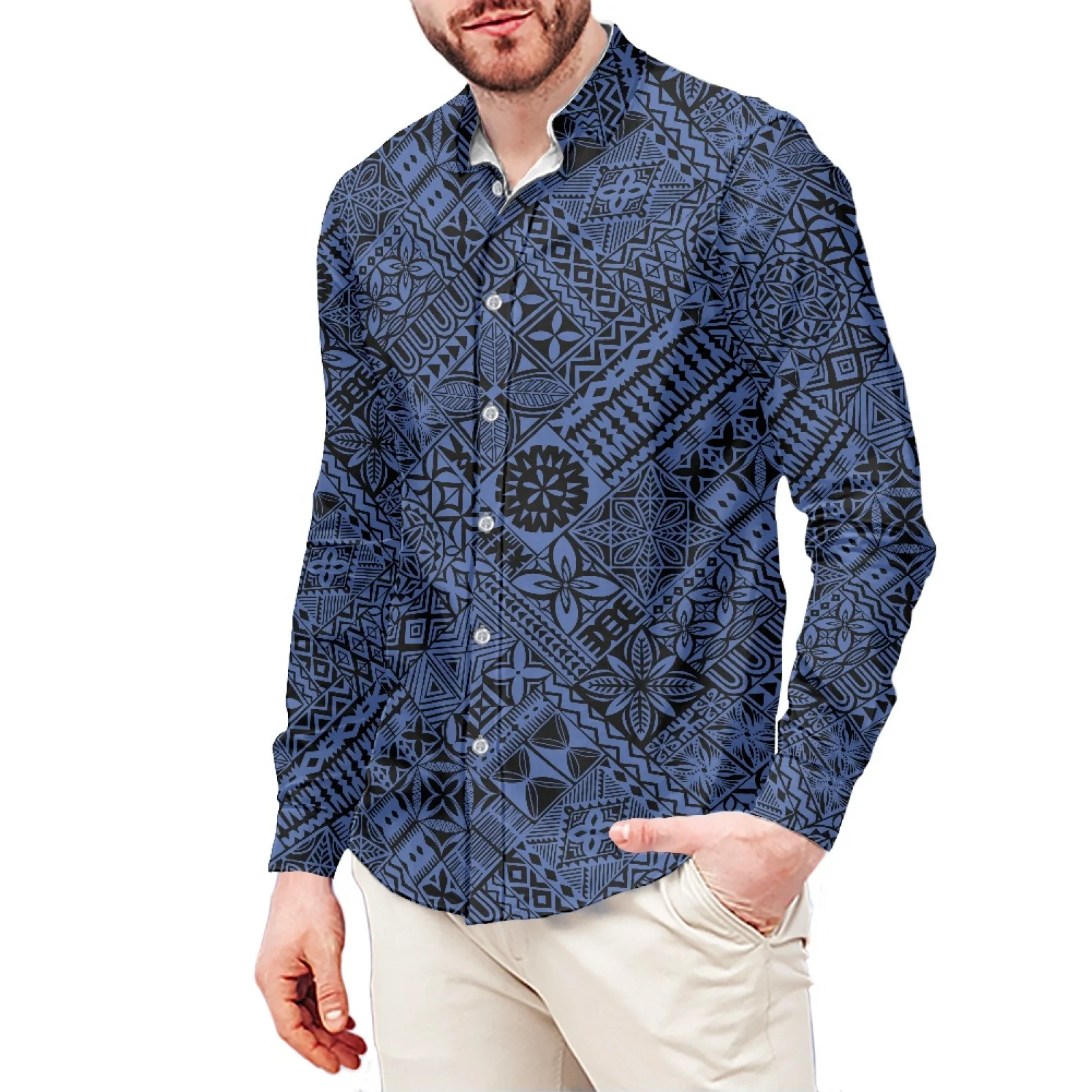 

Polynesian Tribal Pohnpei Totem Tattoo Prints Men's Casual Long Sleeve Trends Button-down Collared Business Dress Shirts Slim