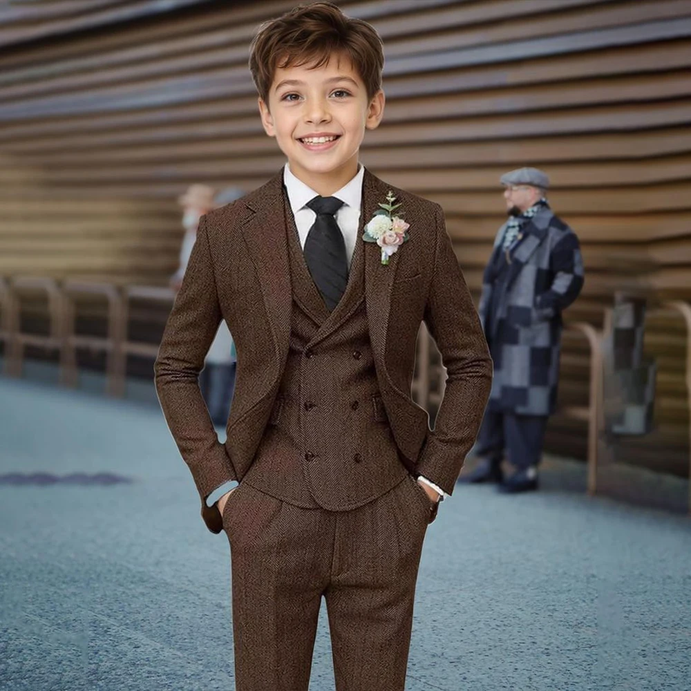 

Luxury Tweed Boy's Suits 3 Piece Jacket Pants Vest Elegant Single Breasted Notch Lapel Slim Fit Children Clothing Costume