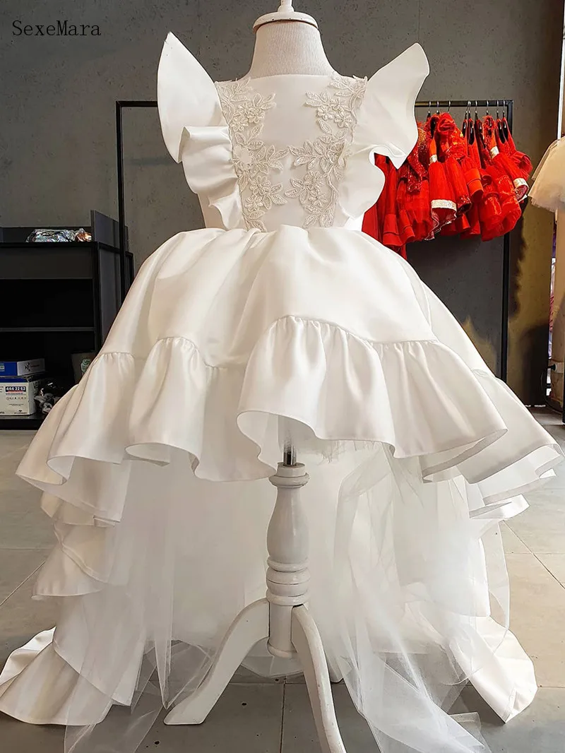

Ivory White Flower Girl Dress Puff Sleeve Sheer Back Wedding Party Gown First Communion Dress for Girls with Train
