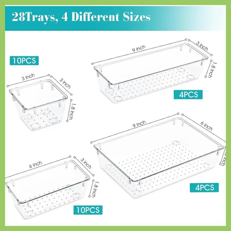 

ABJT-Clear Plastic Drawer Storage Box Set, Desk Drawer Storage Tray, For Cosmetics, Jewelry, Kitchen Utensils