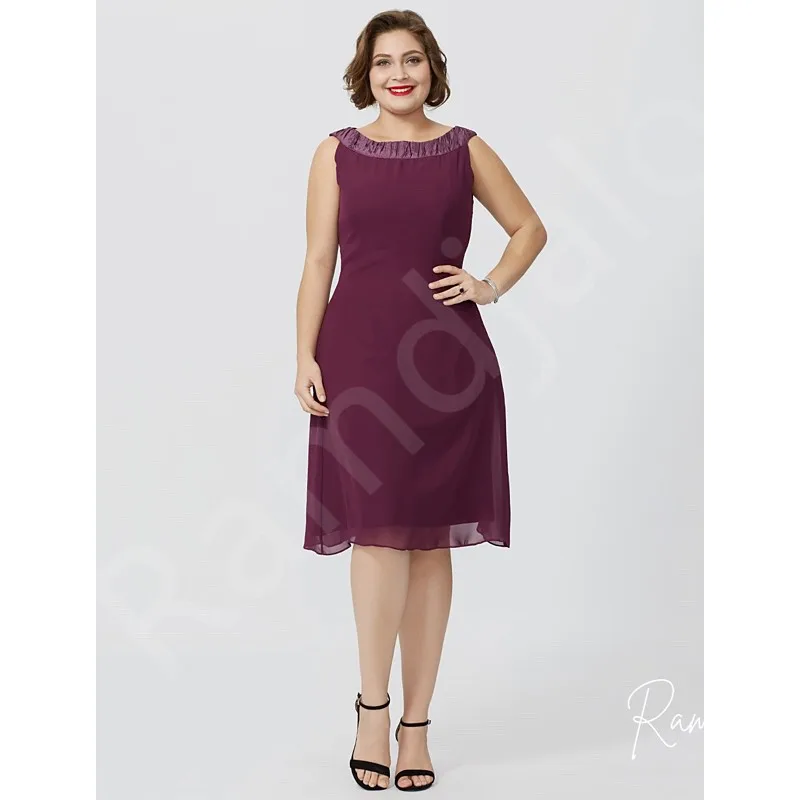 Aangepaste grote maat moeder van de bruid jurk plum chiffon knie lengte met 3/4 mouwen en bijpassende jas bruiloftsgastjurken