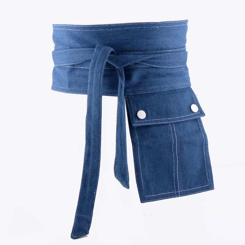 Women\'s Belt Denim Waist Belt for Women Casual Wide Corset Cummerbund Decorative Solid Color Ladies Belts with Pocket