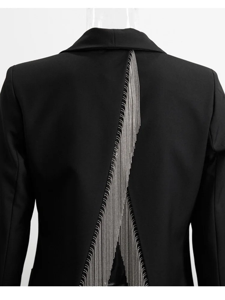 Hollow Back Beading Tassel Split Blazer For Women Notched Long Sleeves Stitching Loose Chic Suit Fashion Coat  G263