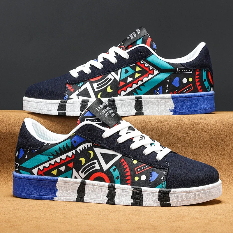 

YRZL Women's Shoes Men Sports Shoes Geometric Style Lace Up Couples Vulcanize Shoe Graffiti Print Skate Shoes Men's Sneakers