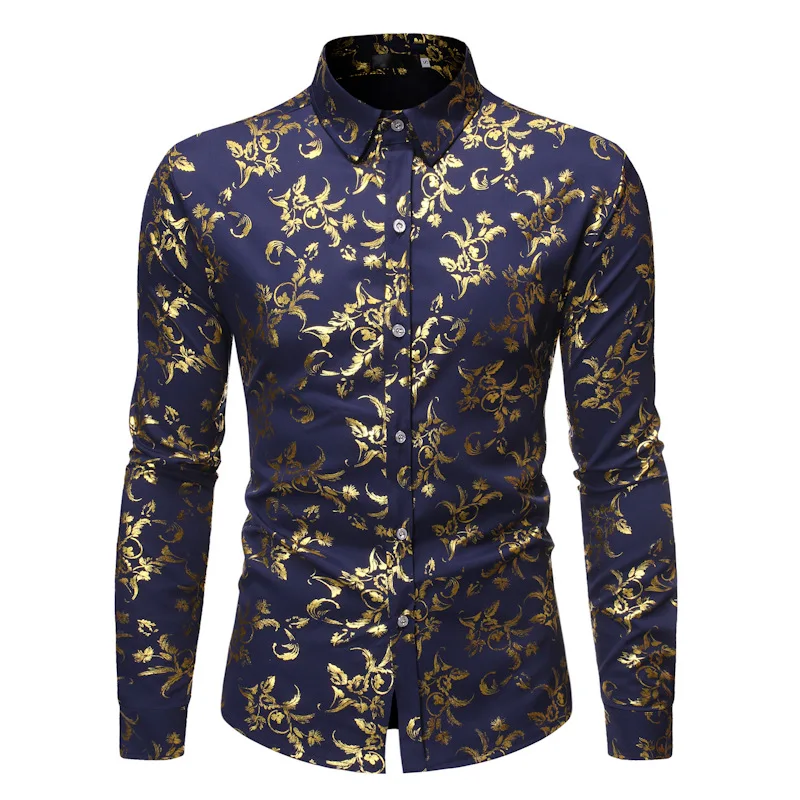 New Men Gold Stamp Printed Loose Shirt Black / White / Wine Red Fashion Male Business Social Casual Lapel Tops