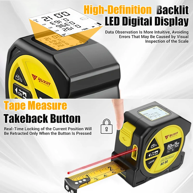 Cinta métrica de acero con láser de 50m y 5m, pantalla Digital, duradera, antideslizante, medición precisa, bucle de gancho, 1 ud.