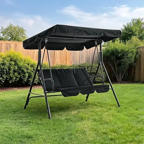 3-Seat Patio Swing Chair, Outdoor Porch Swing with Adjustable Canopy, Removable Cushion & Durable Steel Frame, Hanging