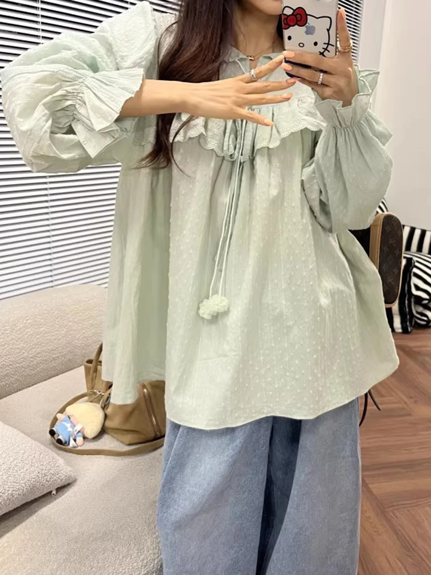 

Spring New Sweet Anti-Aging Doll Collar Bubble Sve Dstring Furry Women's irt Top Korean Sle Loose Fit Long Sve