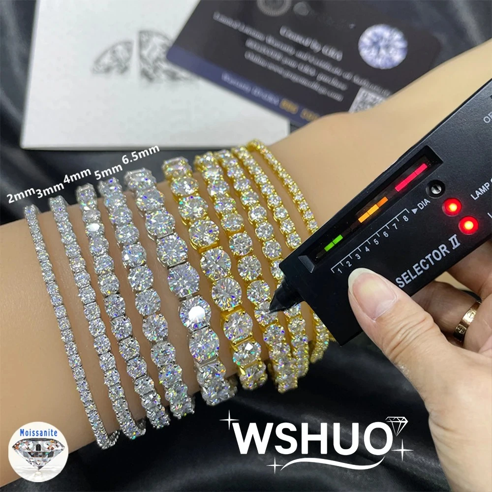 

WSHUO 2/3/4/5/6.5CT Full Moissanite Tennis Bracelets for Women Men Hip Hop Original Full Diamond 925 Sterling Silver Chain GRA