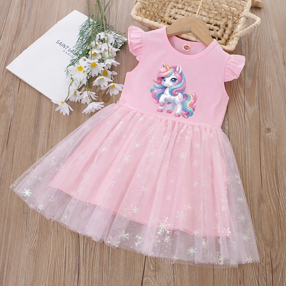 2026 New Kids Clothes Summer Girls Dress Short sleeves Princess Dress For Children Baby Birthday Party Clothing Unicorn 2-8Y