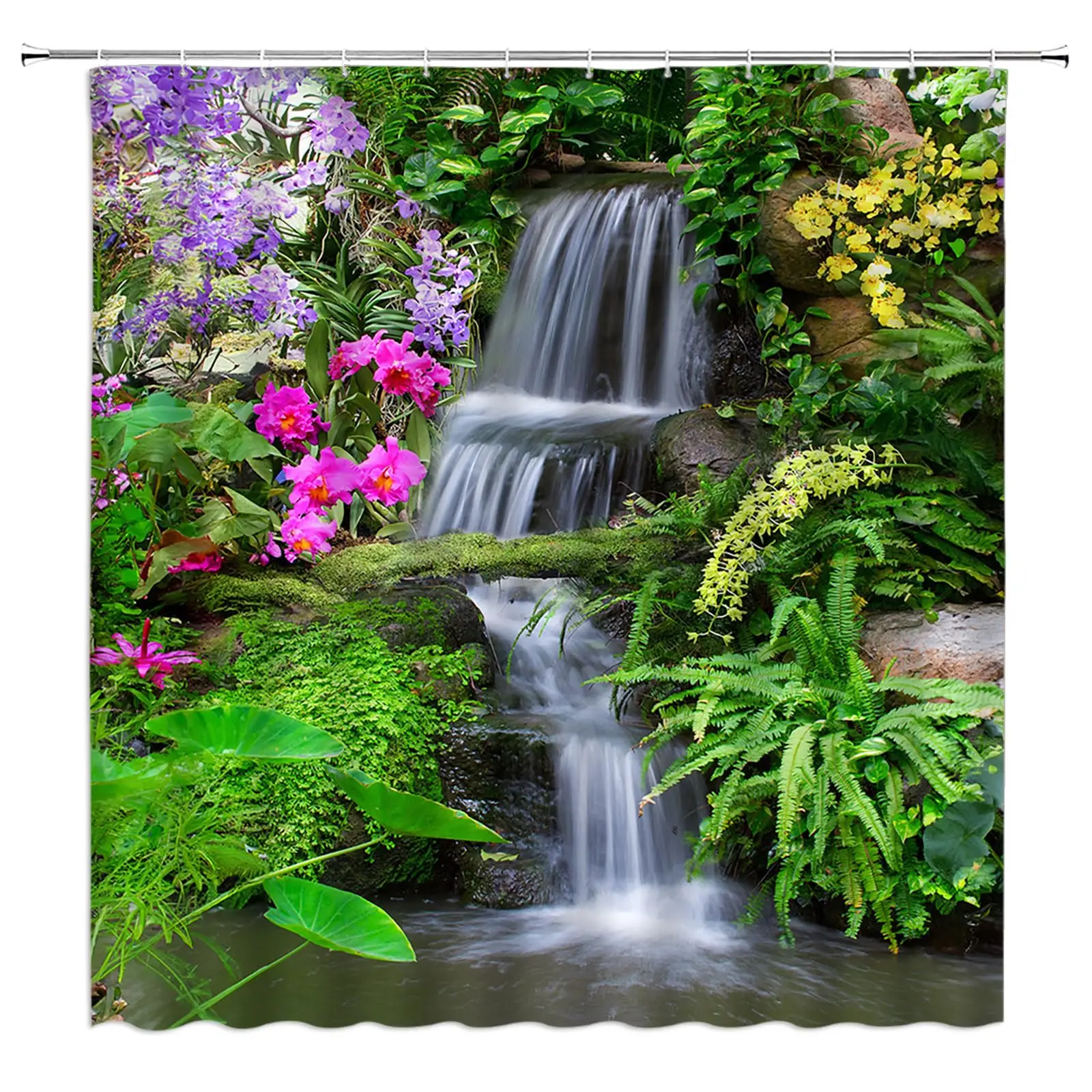 Waterfall Shower Curtain Spring Forest Landscape Tropical Jungle Rainforest Bathroom Curtain Rustic Natural Scenery Bath Curtain