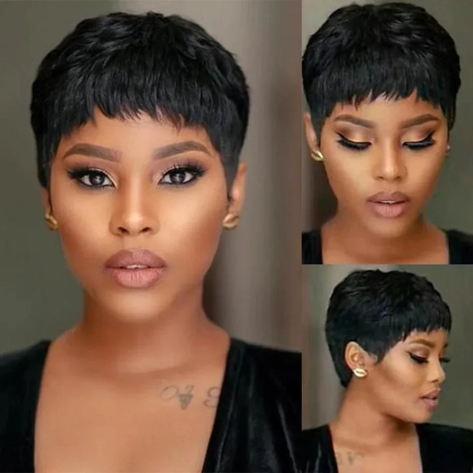 Short Human Hair Pixie Cut Wig with Bangs
