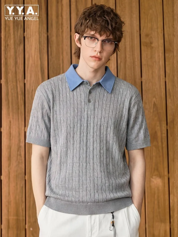 

Summer New Mens Mixed Color Lapel Collar Knit T-Shirt Short Sleeve Comfortable Tees Tops Breathable Pullover Knitwear T-Shirts