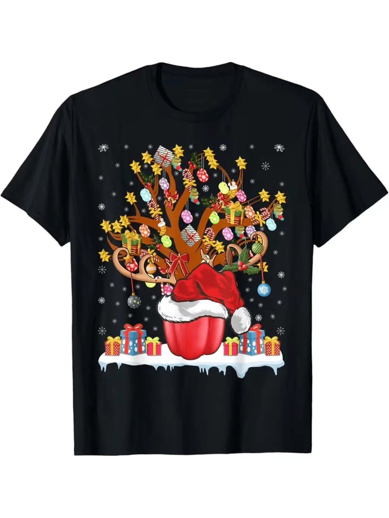 الرنة قرن الوعل شجرة سانتا قبعة عيد الميلاد الجرافيك الرجال القطن تي شيرت عادية عطلة طباعة قصيرة الأكمام المحملة