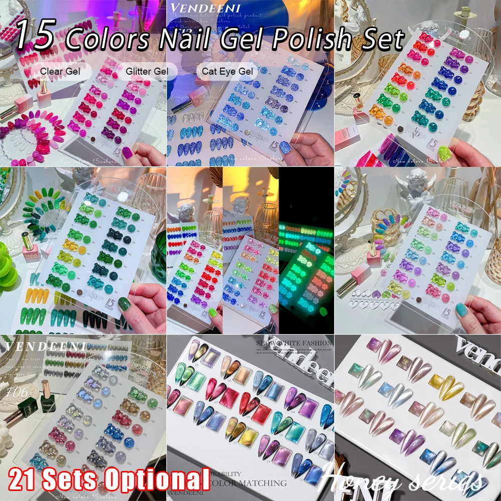 Vendeeni 15 Colors/Set Glitter Broken Diamond Gel Nail Polish Magnetic Cat Eye Gel Varnish Clear Jelly Gel Lacquer With Display