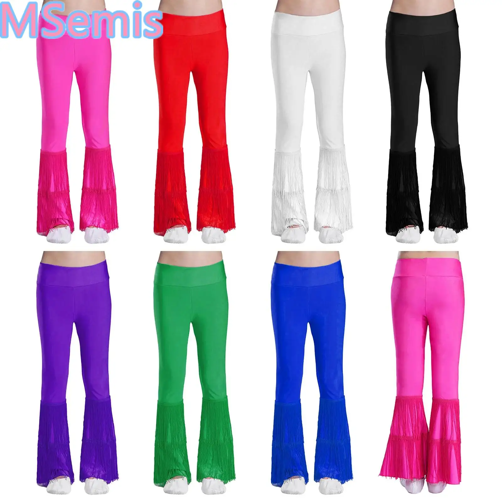 

Kids Girls Tassel Latin Dance Pants Bell-Bottom Pants Fringe Flared Trousers Modern Salsa Costume for Dancewear