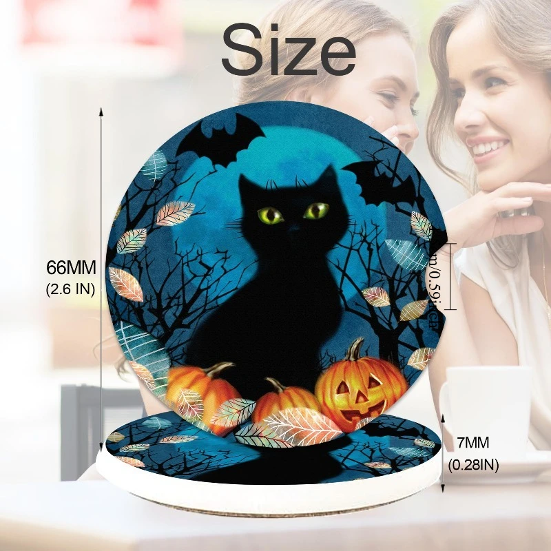 Halloween Black Cat Pumpkin Bat Car Cup Holder Coasters, 2-Pack Cup Coasters Car Additions Interior Aesthetic for Men Women