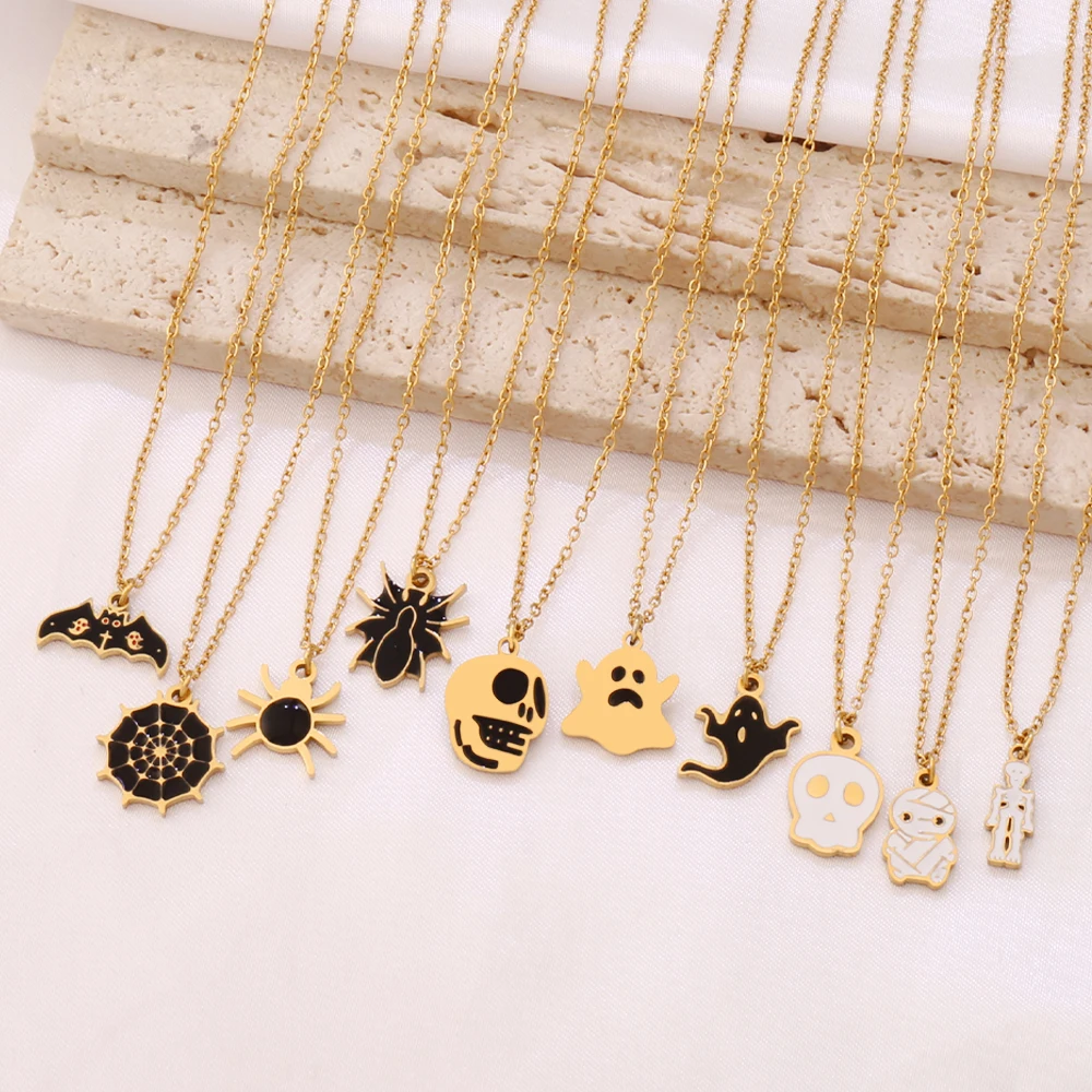 Stainless Steel Ghost Spider Bat Pendant Necklace For Women Creative Funny Broom Mummy Chain Necklaces Halloween Party Jewelry