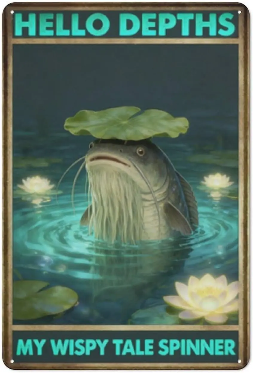 “Hello Depths –   Catfish with Lotus Leaf Hat, Wispy Tale Spinner Poster – Whimsical Aquatic Wall Art, Serene Vintage Pond Decor