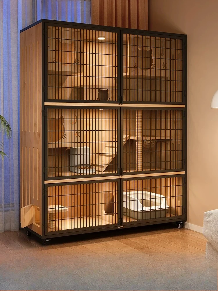 Solid wood cat villa home indoor large space climbing frame iron mesh cat cabinet panoramic cat cage