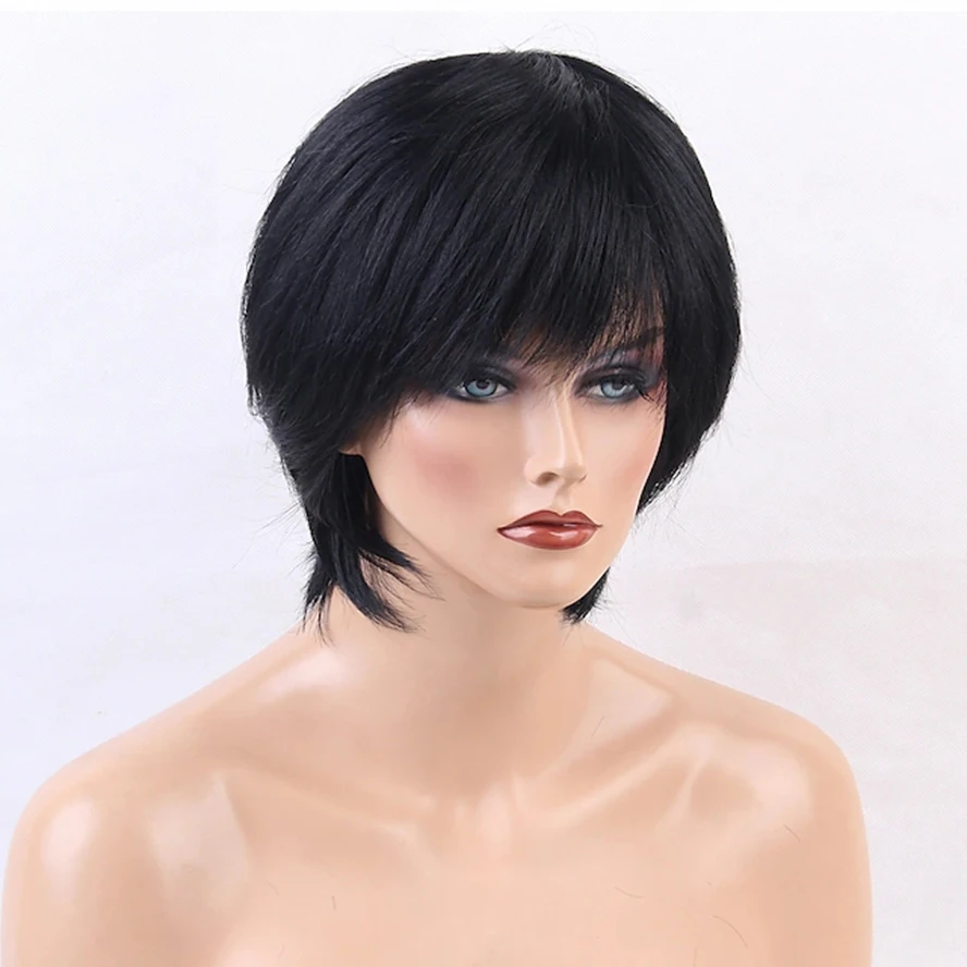 Short Capless Human Hair Blend Pixie Cut Wig with Bangs Short straight Full wig Human Hair 12 Inch