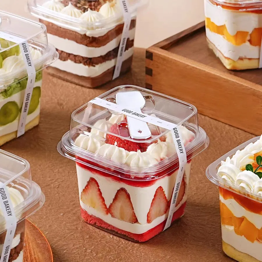50/100pcs PET Transparent Square Dessert Boxes with LIDS and Spoons, Suitable for Cakes, Mousse, Fruits, Ice Cream, Yogurt, Etc