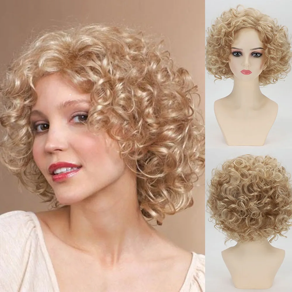 

Short Curly Synthetic Wigs Golden Party Hair for Women Full Wigs With Bangs Heat Resistant Fiber Daily Use Cosplay Wigs