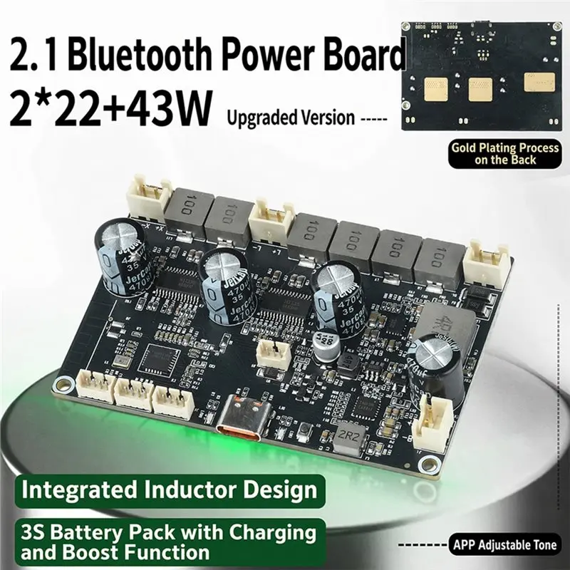 B04B-2.1 Bluetooth Power Amplifier Board 2 X 22W + 43W 3-Channel Integrated Charging Boost Circuit APP-Adjustable With Line