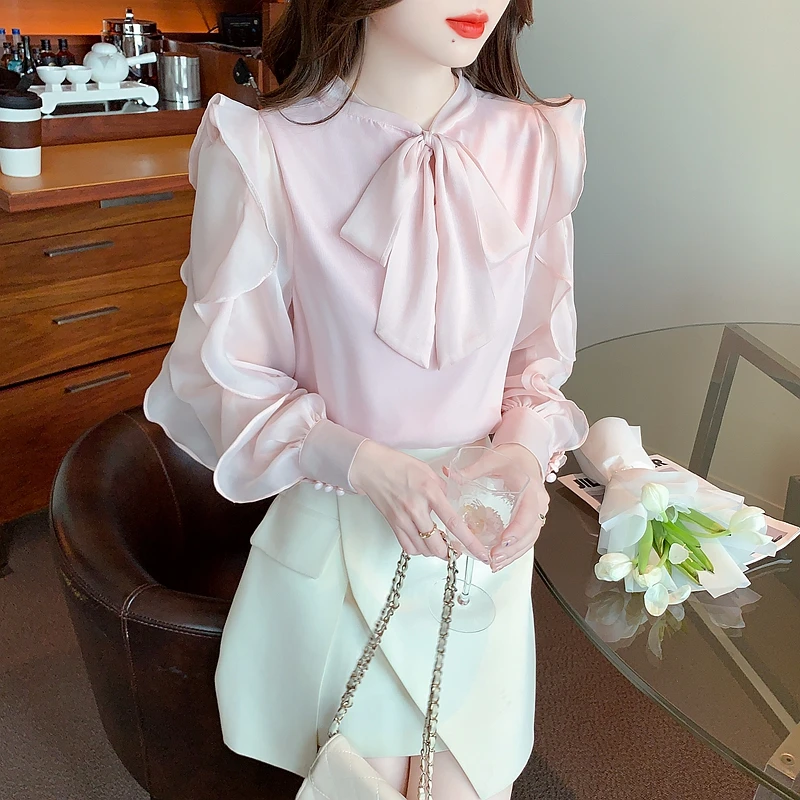 Fashion Ruffles Bow Collar Pink Chiffon Blouse Shirt Women Tops Blouses Blusas Mujer De Moda 2024 Long Sleeve Blouse Women H05