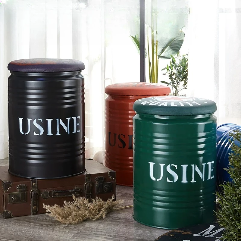 Metal Paint Can Stool Round Iron Bucket Seat Creative Industrial Drum Stool Decorative Storage Stool for Bar Shop Salon
