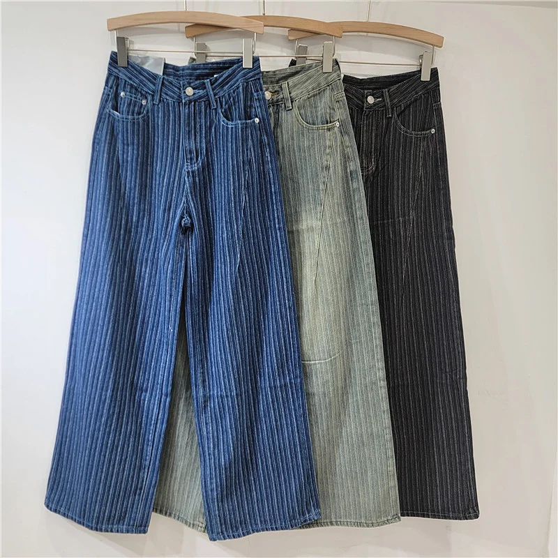 

fashion Vintage Women Vintage retro striped jeans for women wide-leg style