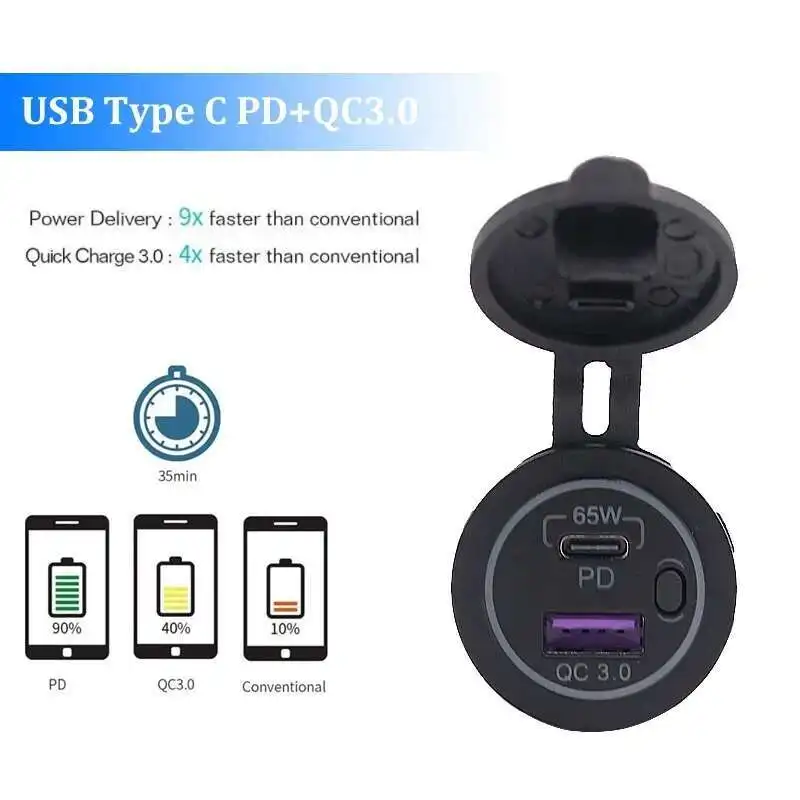 65 Вт 12 В розетка водонепроницаемое зарядное устройство PD типа C и порт QC3.0 USB-разъем для автомобиля, лодки, морского грузовика