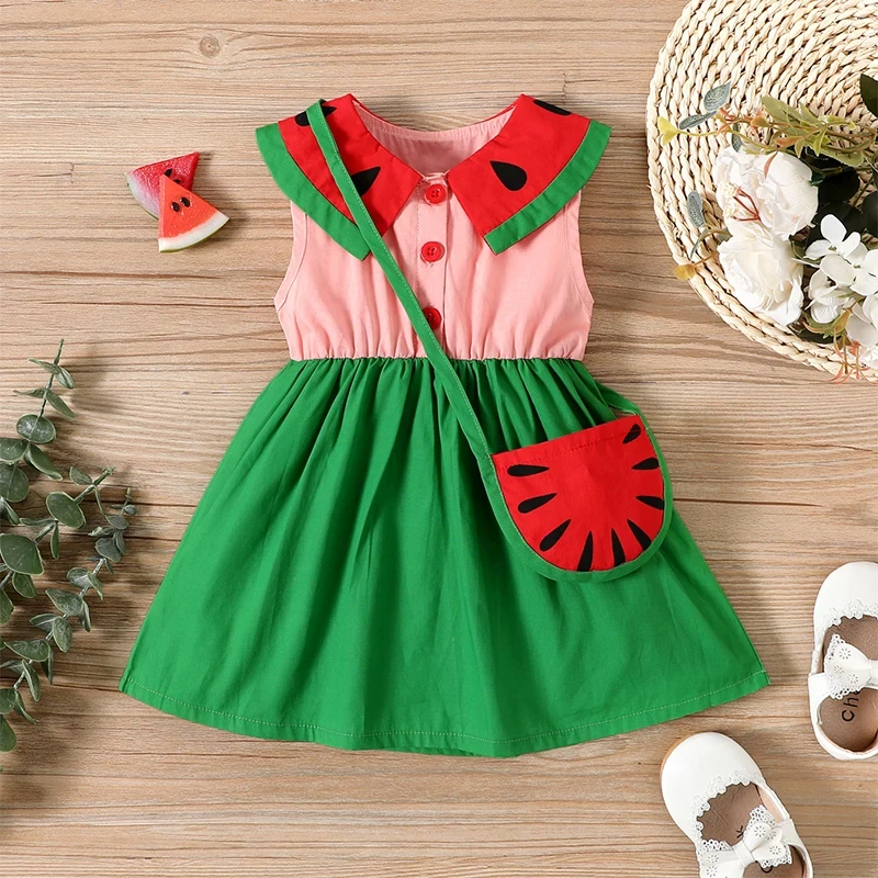 New Summer Baby Girl Watermelon Print Pattern Round Neck Sleeveless Dress + Crossbody Bag Girls Cute Splicing Fashion Dresses