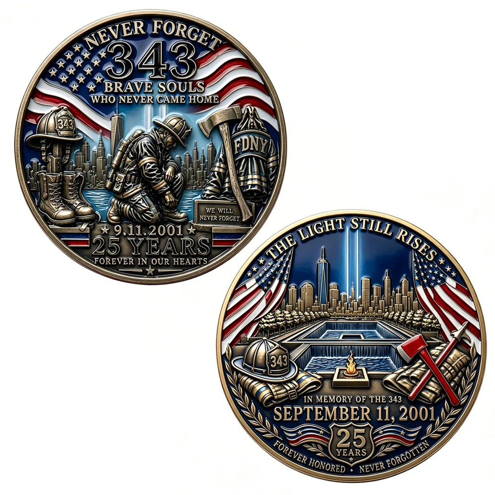 Pièce commémorative 9/11 Ne pas oublier les 343 pompiers, pièce double face, commémoration du 11 septembre, hommage FDNY, objet de collection patriotique