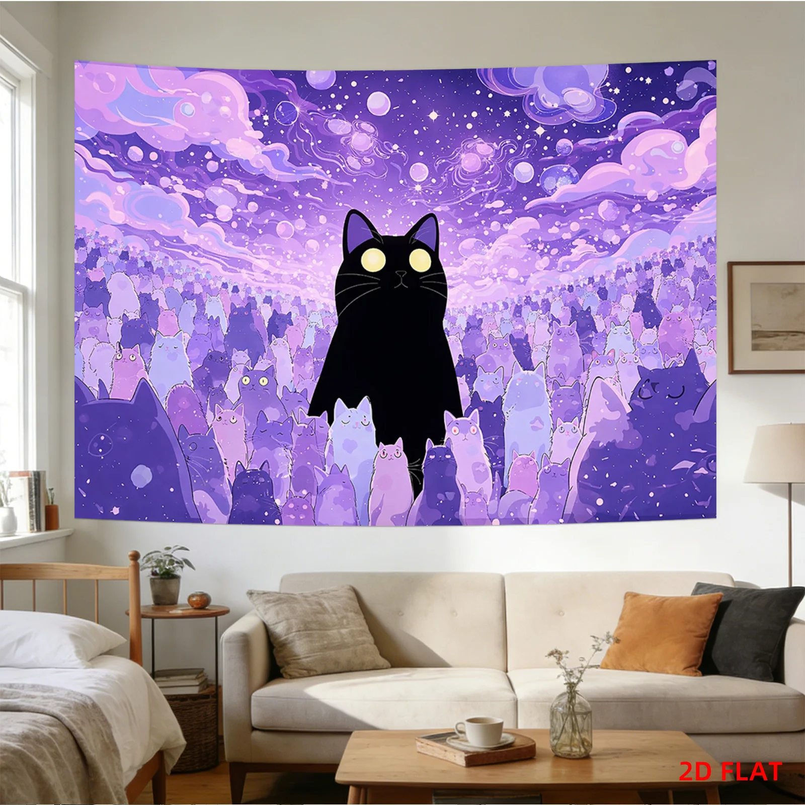 Huge Cosmic Cat Galaxy Tapestry Wall Hanging Art Purple Night Nebula Kawaii Feline Mystical Decor Print Bedroom Living Room Bohe