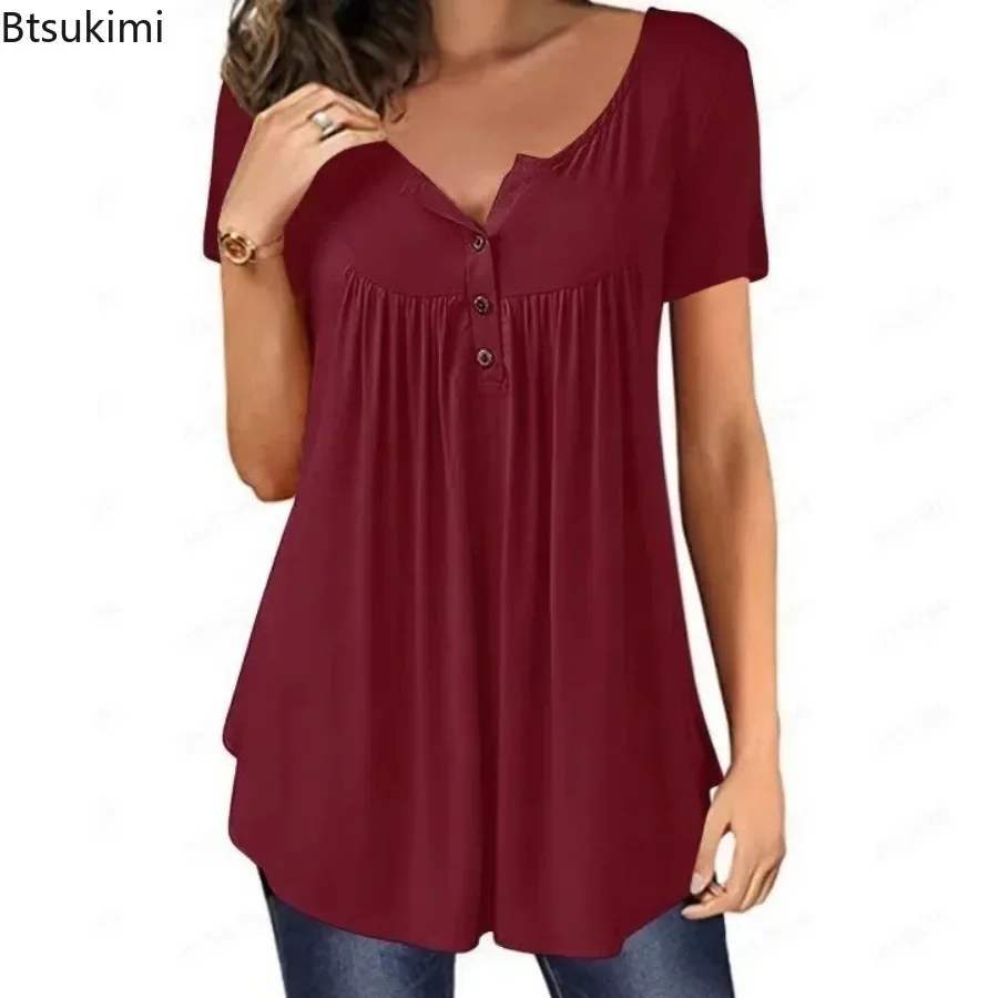 New 2024 Women\'s Summer Casual Short Sleeve T-shirts Solid Oversized Soft Button Design women t shirt Plus Size Women Loose Tops