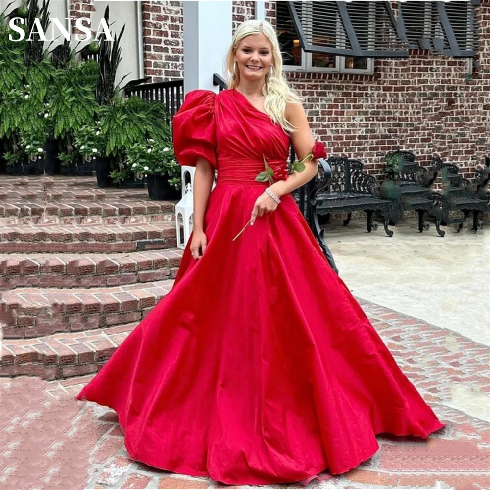 

Sansa Red Sweetheart Puffy One Sleeve Satin Prom Dress One Shoulder A-line Vestidos De Noche Elegant Pleat Graduation Ball Dress